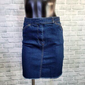 Vintage 90s Y2k DKNY Size 8 Dark Wash Denim Pencil Skirt Raw Hem High Rise USA‎